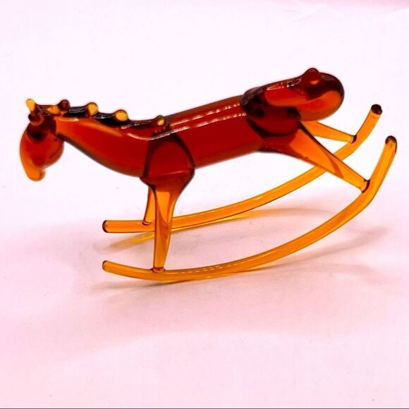 Vintage Mini Rocking Horse Figurine Hand Blown Amber Glass Crystal 3” - Picture 1 of 5